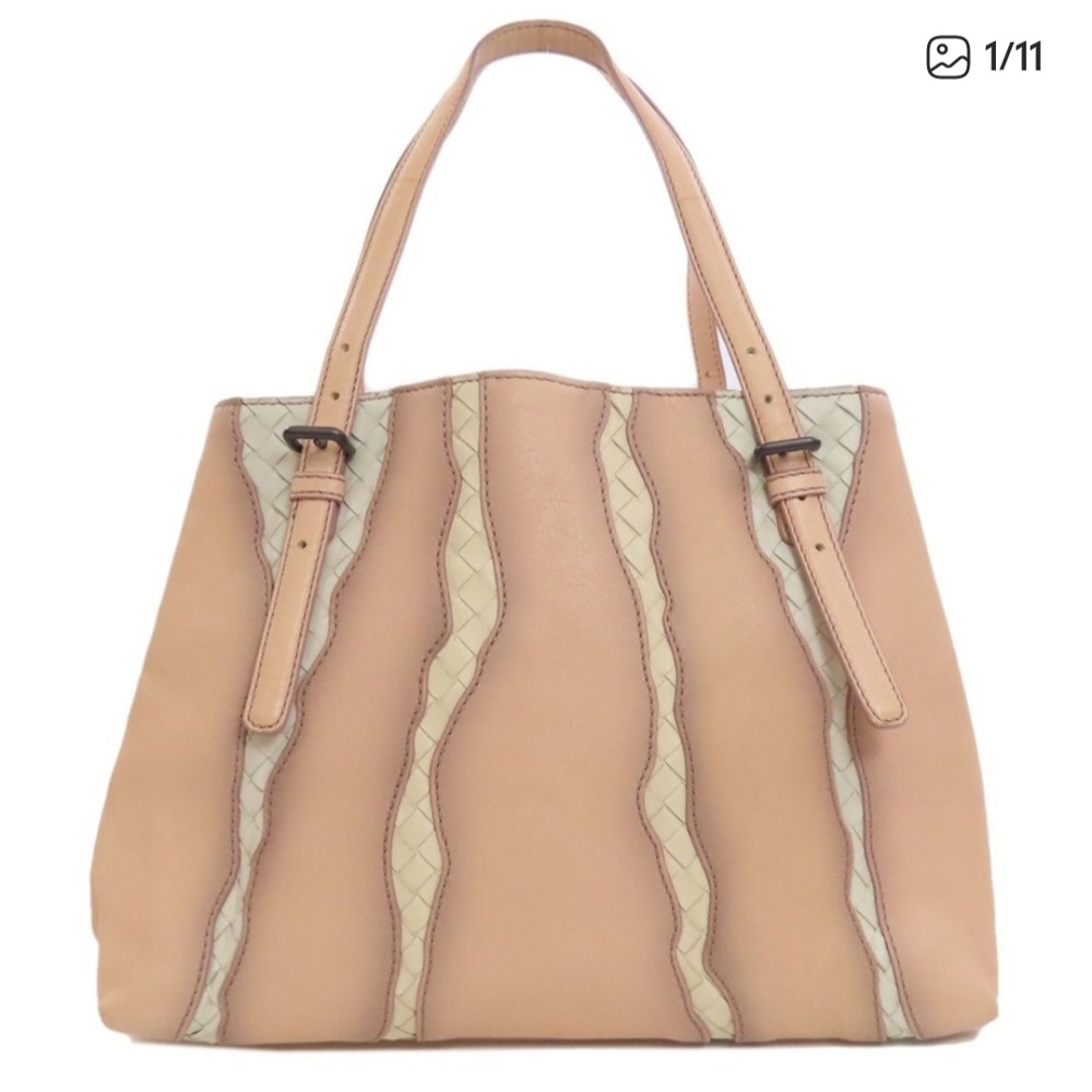 Authentic Bottega Veneta Pink and Cream Intrecciato Tote Bag